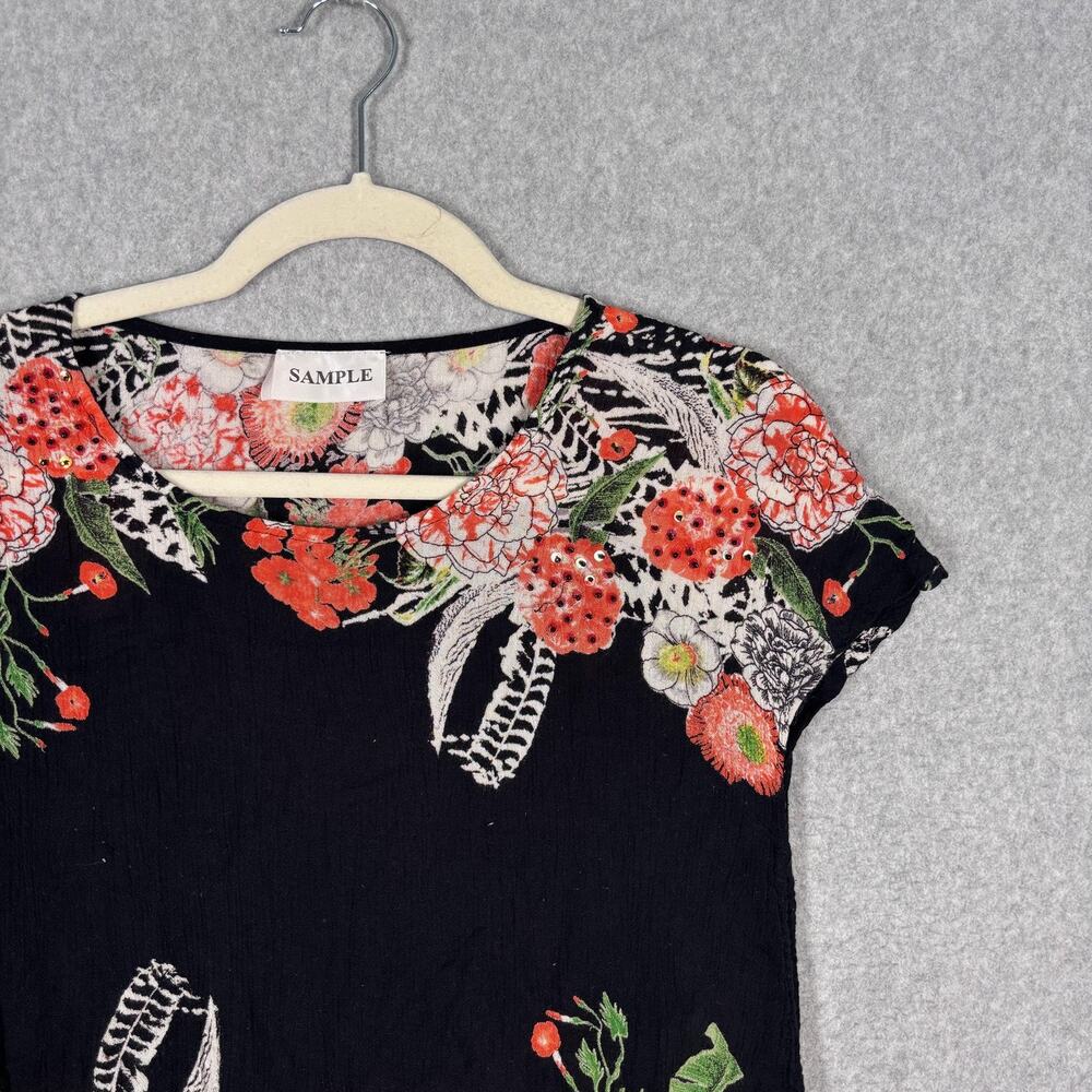 Womens Gauze Top Small Orange Green Floral Sequin Ruched Side Tie Resort Cruise - Picture 2 of 9
